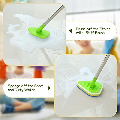 Scrub Cleaning Brush with Long Handle 2 in 1 Extendable Bathroom Floor Brushes with 2 Stiff Bristles and 4 Sponge with Long Handle Detachable Tile Lightweight Cleaner for Bathtub Shower