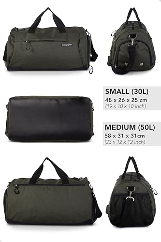 Fitgriff® Gym Bag V1 for Men & Women with Shoe & Wet Compartment - Duffle Bag for Travel, Sports, Fitness & Workout (Army Green, 19 x 10 x 10″ (Small))