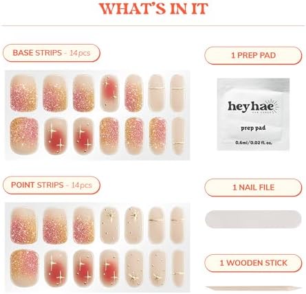 Semi Cured Gel Nail Strips | No LED Lamp Needed | Ombre, Gold, Spring | Easy Apply & Remove, Salon Quality | Includes 28 Strips, 1 Prep Pads, Nail File & Wooden Stick - Hey, It's Golden Hour