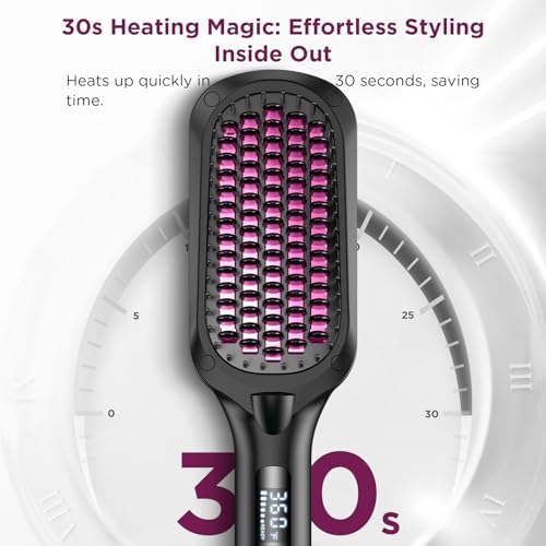 30s Fast Heating Hair Straightener Brush - Ionic Anti-Frizz, Anti-Scald, Auto Temp Lock & Auto-Off, Worldwide Voltage, Black