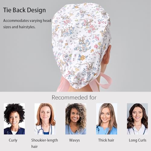 6Pcs Satin Lined Scrub Caps Women Ponytail, Adjustable Surgical Caps for Women, Scrub Hats, Nurse Cap, Nurse Surgical Hat with Button and Sweatband, Elastic Ponytail Pouch Tie Back