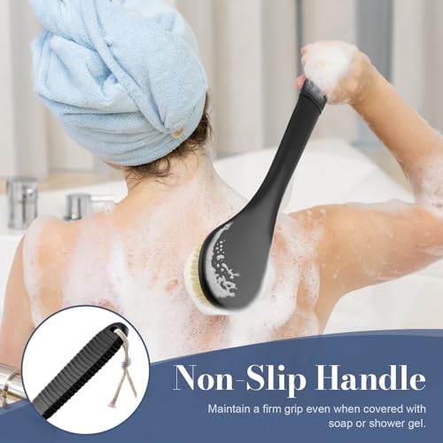 Back Scrubber for Shower, Shower Body Brush for Cleaning with Long Handle for Showering, 17 Inch Back Washer Exfoliator for Shower Men Women with Non-Slip Handle, Adhesive Hook (Black-Boar Bristles)