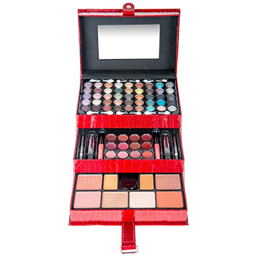 SHANY All In One Makeup Set, Eyeshadow, Blushes, Face Powder, Lipstick, Eye liners, Make up Pencils and Cosmetics Mirror - Makeup Kit With Reusable Storage Beauty Box - Red