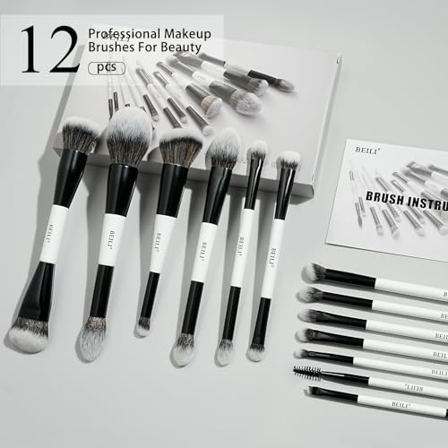 BEILI Makeup Brushes 12 Pieces 18 In 12 Double-Sided Contour Foundation Highlight Blush Brush Eyeshadow Eyeliner Concealer Brush Black and White Suitable for Travel, Gifts, Makeup Lovers