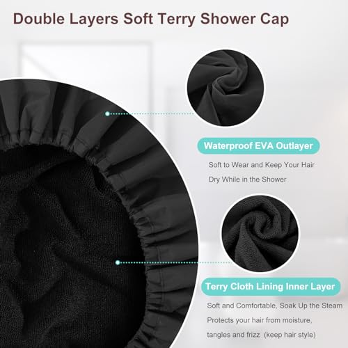 2 Pcs 13.5" Dual Waterproof Adjustable Terry Lined Shower Cap for Women Men, Large Shower Caps Reusable EVA Double Layer Bath Cap for Braids, Long Hair, Dreadlocks, Locs