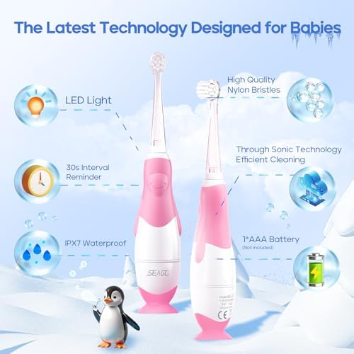 SEAGO Toddler Electric Toothbrushes for Baby Ages 0-3 Years, Baby Toothbrush with Smart Timer and Suction Base, 4 Replacement Brush Heads SG-513(Pink-C)