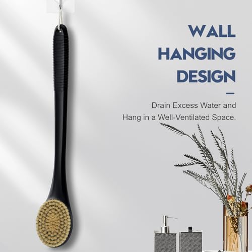 Back Scrubber for Shower, Shower Body Brush for Cleaning with Long Handle for Showering, 17 Inch Back Washer Exfoliator for Shower Men Women with Non-Slip Handle, Adhesive Hook (Black-Boar Bristles)