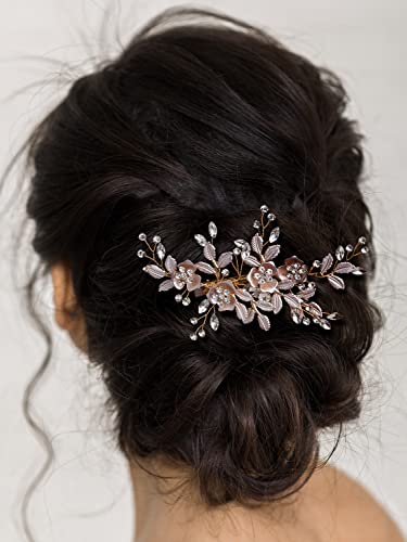 SWEETV Light Rose Gold Wedding Clip Rhinestone Bridal Comb Barrette - Handmade Flower Clip Head Pieces for Women