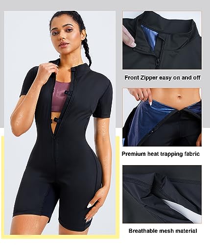 Junlan Sauna Suit for Women Full Body Jumpsuit Waist Trainers for Women Belly Fat Workout Sweat Suit(Black,Small)