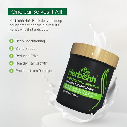 Herbishh Argan Hair Mask-Deep Conditioning & Hydration For Healthier Looking Hair- for very Dry, Weak, Stressed Out Hair, No Sulphates, No Parabens (800ML)