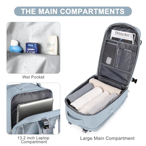coofay Travel Backpack Carry on Flight Approved Mochila De Viaje Carry on Backpack for Airplanes Spirit Airlines Personal Item Bag 18x14x8 Inches Travel Bag Traveling Backpack for Women Men Grey Blue
