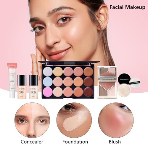 All in One Makeup Kit for Women Full Kit, Make Up Gift Set for Women, Makeup Essential Bundle Includes Foundation Face Primer Eyeshadow Contour Palette Lipstick Eyeliner Mascara Cosmetic Brush Set