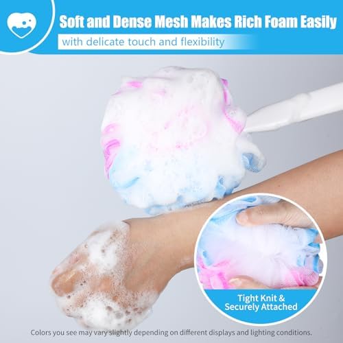 VANZAVANZU Loofah Sponge Set Loofah Exfoliating Body Scrubber, Anti-Slip Plastic 17" Handle Loofah on a Stick with Fluffy Shower Sponge, PE Soft Mesh Shower Loofahs-White with Blue Pink Edge