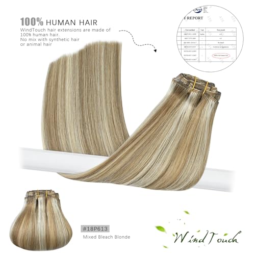 WindTouch Clip in Hair Extensions Real Human Hair Balayage Mixed Bleach Blonde Hair Extensions 15Inch 75g 7PCS Highlights Straight Blonde Clip in Extensions for Women