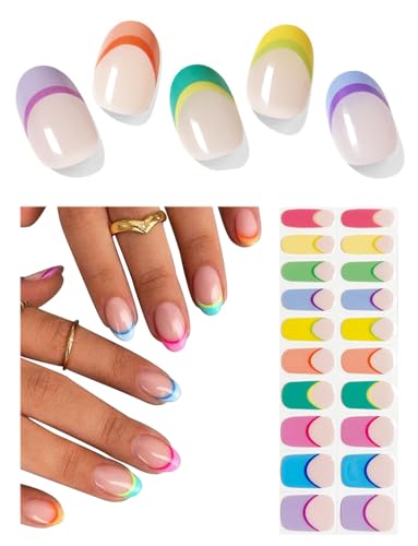 Semi Cured Gel Nail Strips, 20pcs Macaron French Gel Nail Stickers Work with UV, Easy to Use and Remove