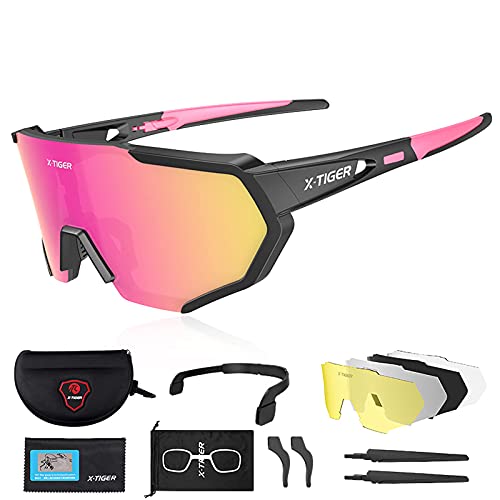X-TIGER Polarized Sports Sunglasses with 5 Interchangeable Lenses,Mens Womens Cycling Bike Glasses,Baseball Running Fishing Golf Driving Sunglasses