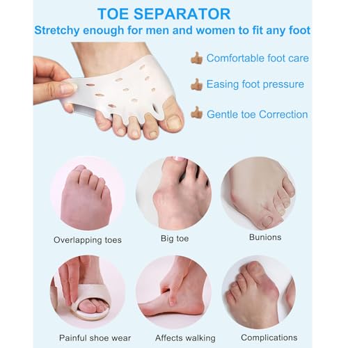 4 Pairs Silicone Toe Separators, Bunion Corrector Cushion, Metatarsal Pads, Ball of Foot Cushions, Breathable Soft Gel Foot Cushions for Men Women Straighten Overlapping Toes, Realign Crooked Toes