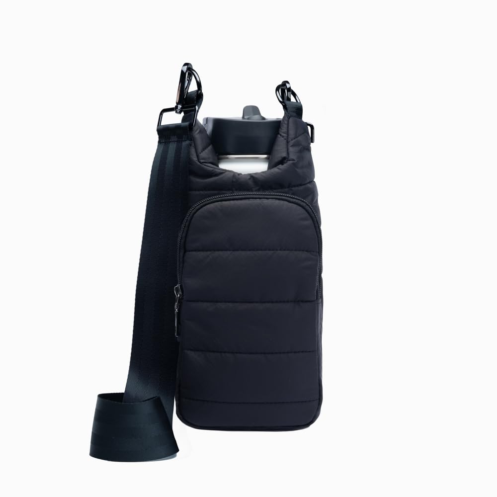 WanderFull Original Crossbody HydroBag | Quilted Water Bottle Carrier | Puffer Tote Tumbler Holder with Pockets for Purse, Phone & Accessories | Carry Travel Essentials (Matte Black/Black Strap)