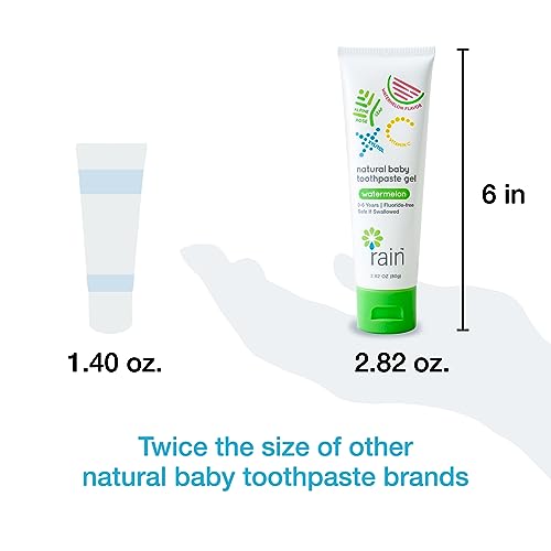 Baby Toothpaste 6 to 12 Months - Rain Fluoride Free Tooth Paste Gel for Infant Toddler Kids 0-6 Years and Up, Safe to Swallow, 2.8 Oz, Babies Training, Xylitol, Vitamin C, Vegan, SLS Free, Gluten Free