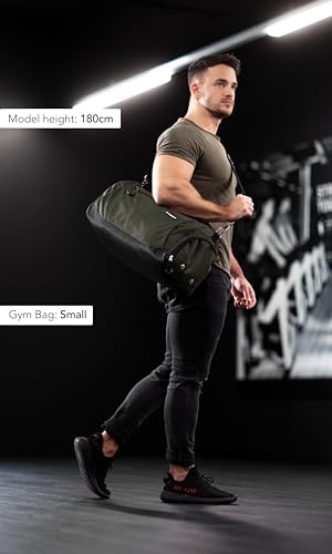 Fitgriff® Gym Bag V1 for Men & Women with Shoe & Wet Compartment - Duffle Bag for Travel, Sports, Fitness & Workout (Army Green, 19 x 10 x 10″ (Small))