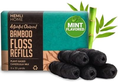 Bamboo Charcoal Dental Floss Refills, Bambo Woven Fibres, 5 x 33 Yards, Organic Refillable Dental Floss, Natural Floss, Eco-Friendly Floss. Plant-Based Candelilla Wax Floss with Natural Mint Flavoring