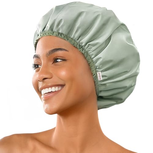 Yanibest Shower Cap Reusable Waterproof - Double Layer Shower Caps for Women, Washable Shower Bonnet with Soft Non-Slip Elastic Band, Bath Hair Hat for Most Hair Types