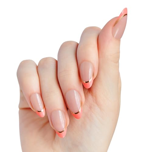 WICKED X KISS Press On Nails Almond, ‘Glamorous Gal’, Pink, Medium, Waterproof, Chip Proof, Smudge Proof, 28 Fake Nails, Pink Gel Nail Glue (2g), Mini Nail File, & Manicure Stick