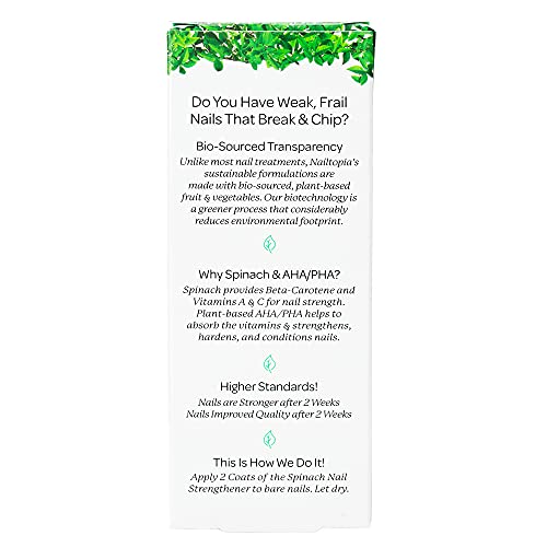 Nailtopia - Nail Strengthener - For Weak, Frail, Delicate Nails - Plant-Based, Non Toxic, Bio-Sourced, Nourishing & Hardening Superfood Treatment - Spinach Extract (Clear) - 0.41 oz