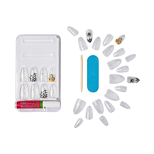 KISS Voguish Fantasy Halloween Nails, Black, Medium Length, Almond Shape, Pink Gel Nail Glue (2g), Mini Nail File, Manicure Stick, & 28 Fake Nails