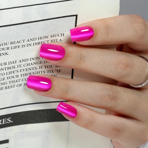 Soft Gel Hot Pink Press on Nails Short - Cat Eye Press on Nails Square for Women Gift, Natural Fit & Glossy Stick on Nails with Glue in 16 Sizes - 32 Reusable Fake Nails, Hot Pink
