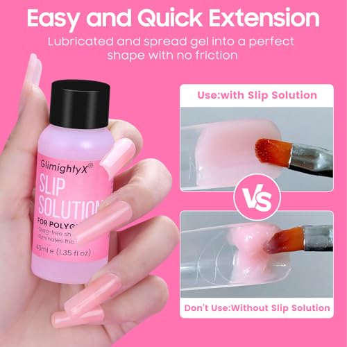 Poly Gel Nail Kit For Toes and Fingers,GlimightyX Straight Flat Dual Forms Reusable for Polygel,Pre-etched No-file Needed, 16 Sizes,with 1.35oz Nail Slip Solution, Dual-Ended Brush,Nail File &5 Clips