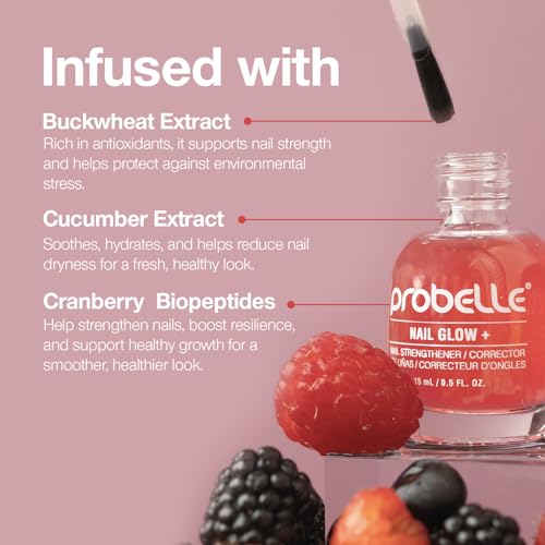 Probelle Nail Glow + Nail Strengthener and Hardener with Sheer Jelly Tint, Hard To Resist Ultra Glowy Nail Shine, Tinted Nails Strengthening Blush for Brittle, Thin, Damaged Nails 0.5 oz (Berry)