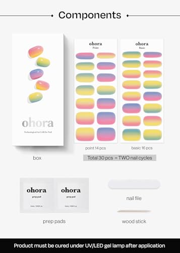 ohora Semi Cured Gel Nail Strips (N Pastel) - Yellow, Ombre, Works with Any UV/LED Lamps, Salon-Quality, Long Lasting, Easy to Apply & Remove - Includes 2 Prep Pads, Nail File & Wooden Stick