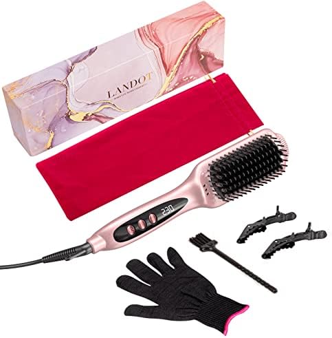 LANDOT Inoic Hair Straightener Brush for Smooth, Frizz-Free Results - Electric Heated Ceramic Straightening Brush Dual Voltage - Fast Heating Adjust Temp 250-450F for All Hair Types