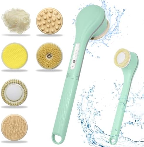 Electric Body Brush, Electric Shower Scrubber, Long Handle Body wash applicator, Silicone Back Brush, 6 Shower Brush Heads ，for Cleaning, Massage and Exfoliation (Light Green)