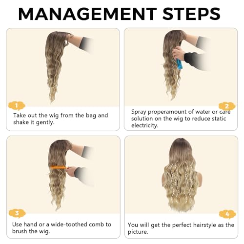 Blonde Wig with Bangs Long curly wavy Wig for Women Ombre wig with Brown root skin-friendly synthetic fiber for festival holiday Use 26IN