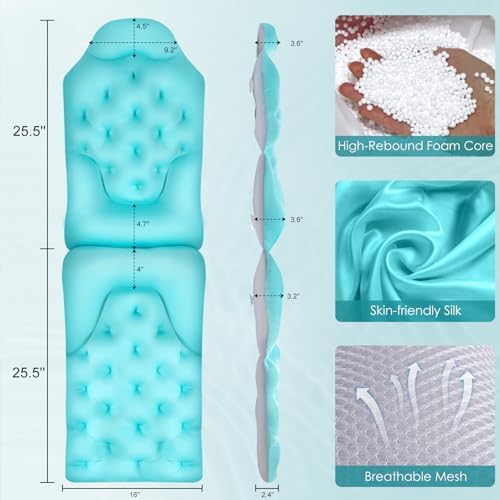 Atsuwell Bathtub Pillow for Full Body Bath Pillow, Thick Bath Cushion for Tub with Foam Beads & Secure Suction Cups, Luxury Pressure Relief for Neck, Waist, Hip Support, Spa Accessories, 51" x 16"