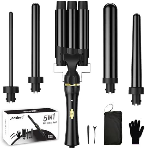 5 in 1 Wand Curling Iron, janelove Hair Curling Wand Set with 3 Barrel Hair Crimper and 4 Interchangeable Ceramic Curling Irons (0.39 "-1.25"), 2 Temps Fast Heat Hair Waver Curler for All Hair Type