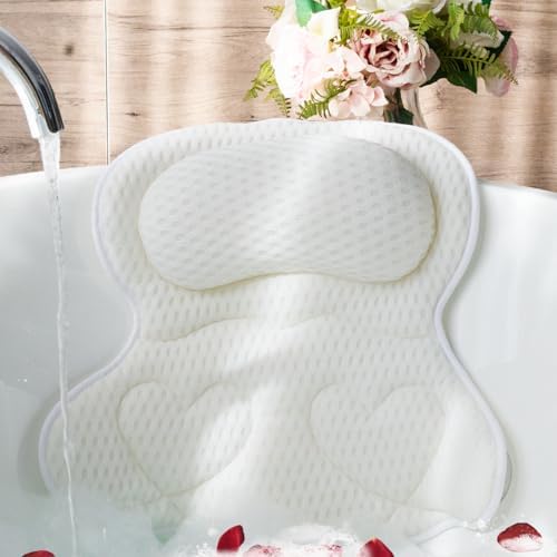 Bath Pillows for Tub Luxury, Bath Pillow for Head and Neck, Fit Bathtub Hot Tub Relaxing Gifts for Women, Comfort 4D Air Mesh Fabric & 6 Non-Slip Suction Cups (White)