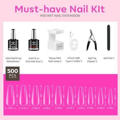 modelones Gel Nail Kit, Fake Nails Long Coffin, 9-in-One Glue Prep Dehydrator & Portable Mini U V Light Acrylic Clipper, 500Pcs Coffin Tips for Extension Kit DIY Salon Home Gifts for Women