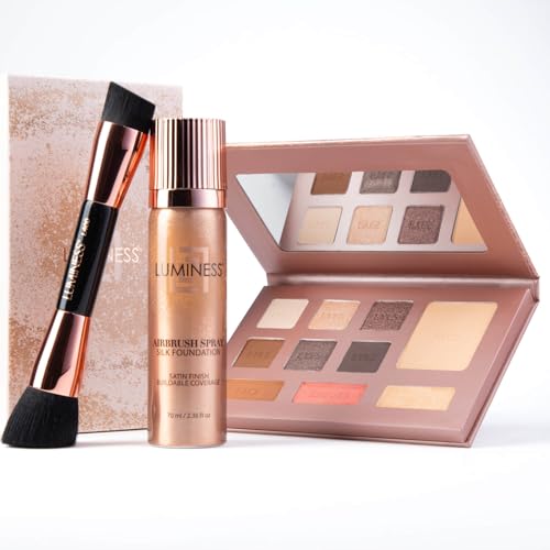 LUMINESS Face Time All In One Makeup Kit - Includes Face Palette, Airbrush Foundation, and Makeup Brush - Long-Wearing, Silky, Soft, Easy to Blend, 3-PC Make Up Set (03 - Light Medium)