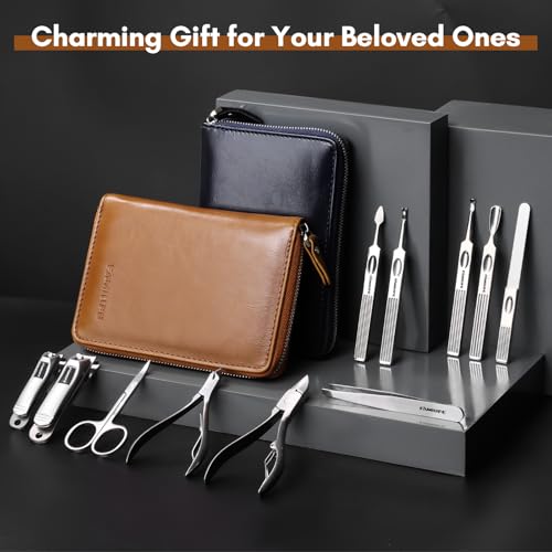 FAMILIFE Manicure Set, Professional Manicure Kit Nail Clippers Set 11 in 1 Stainless Steel Pedicure Tools Nail Kit Men Grooming Tool with Portable Brown Leather Travel Case Luxury Gifts for Him