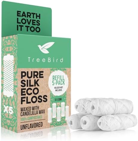 Unflavored Compostable Dental Floss Refills | Pack of 5 x 33yds Organic Peace Silk Spools | for a Refillable Glass & Stainless Steel Holder | Waxed with Natural Candelilla Wax