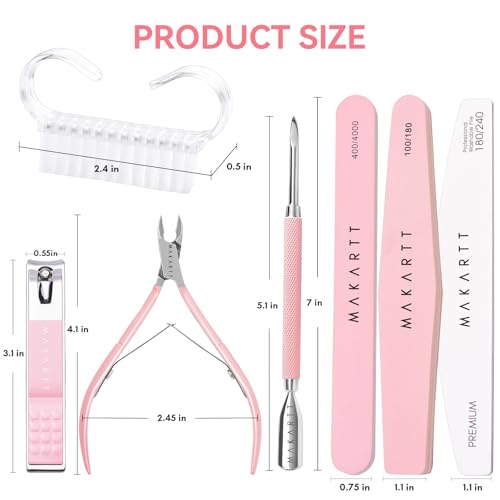 Makartt Nail File and Buffer Set, Pink Basic Prep Kit with Cuticle Clipper, Trimmer, Pusher, Brush, Manicure Care Kit for Natural and Acrylic Nails (7pcs)