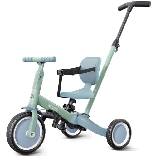 newyoo Toddler Tricycle with Push Handle for 1-3 Year Old, Toddler Bike, Birthday Toy for Boys & Girls, 5 in 1 Kids Trike, Balance Bike with Backrest & Safety Belt, Green, TR007