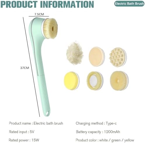Electric Body Brush, Electric Shower Scrubber, Long Handle Body wash applicator, Silicone Back Brush, 6 Shower Brush Heads ，for Cleaning, Massage and Exfoliation (Light Green)