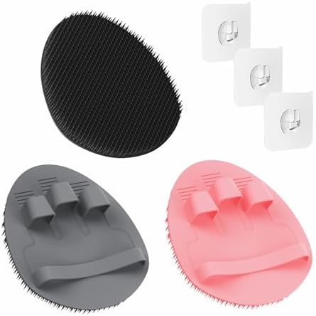 Manmihealth 3 PCS Soft Silicone Shower Brush, Super-Lathering and Deep-Cleaning Silicone Body & Face Scrubber, Gentle Exfoliating Bath Glove for All Skin Types with Free Hooks (Black +Gray+ Pink)