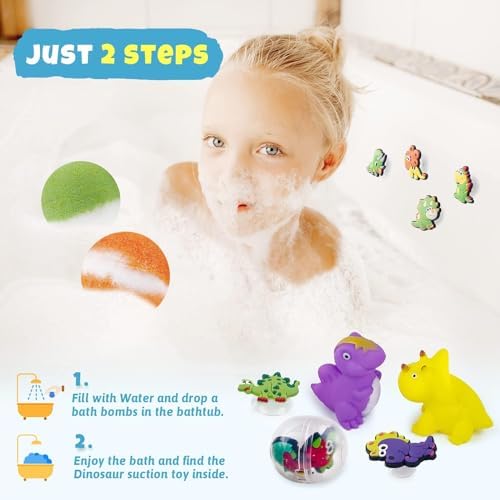 26+2 PCS Bath Bombs for Kids with 26 Dinosaur Suction Toys Inside, Organic Kids Bath Bombs Gift Sets with 2 Squeeze Dinosaur Toys for Boys & Girls on Birthday, Easter, Christmas, Lavender