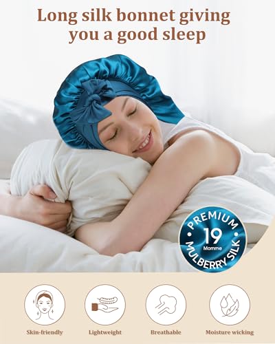 AWAYTR Long Silk Bonnet for Sleeping - 100% Mulberry Silk Bonnet for Women Long Hair Sleep Cap with Elastic Tie Band (Peacock Blue)