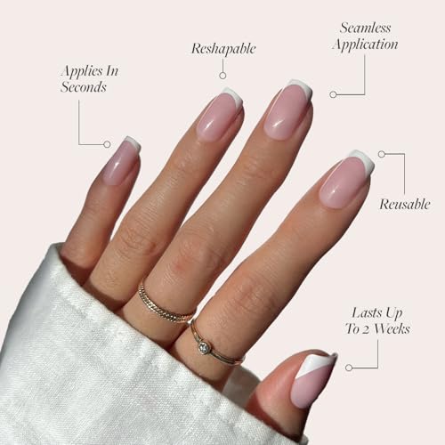 Glamnetic Press On Nails - Classy French | Medium Square Fake Nails, Trendy Micro French Tip, Reusable | 15 Sizes - 30 Nail Kit
